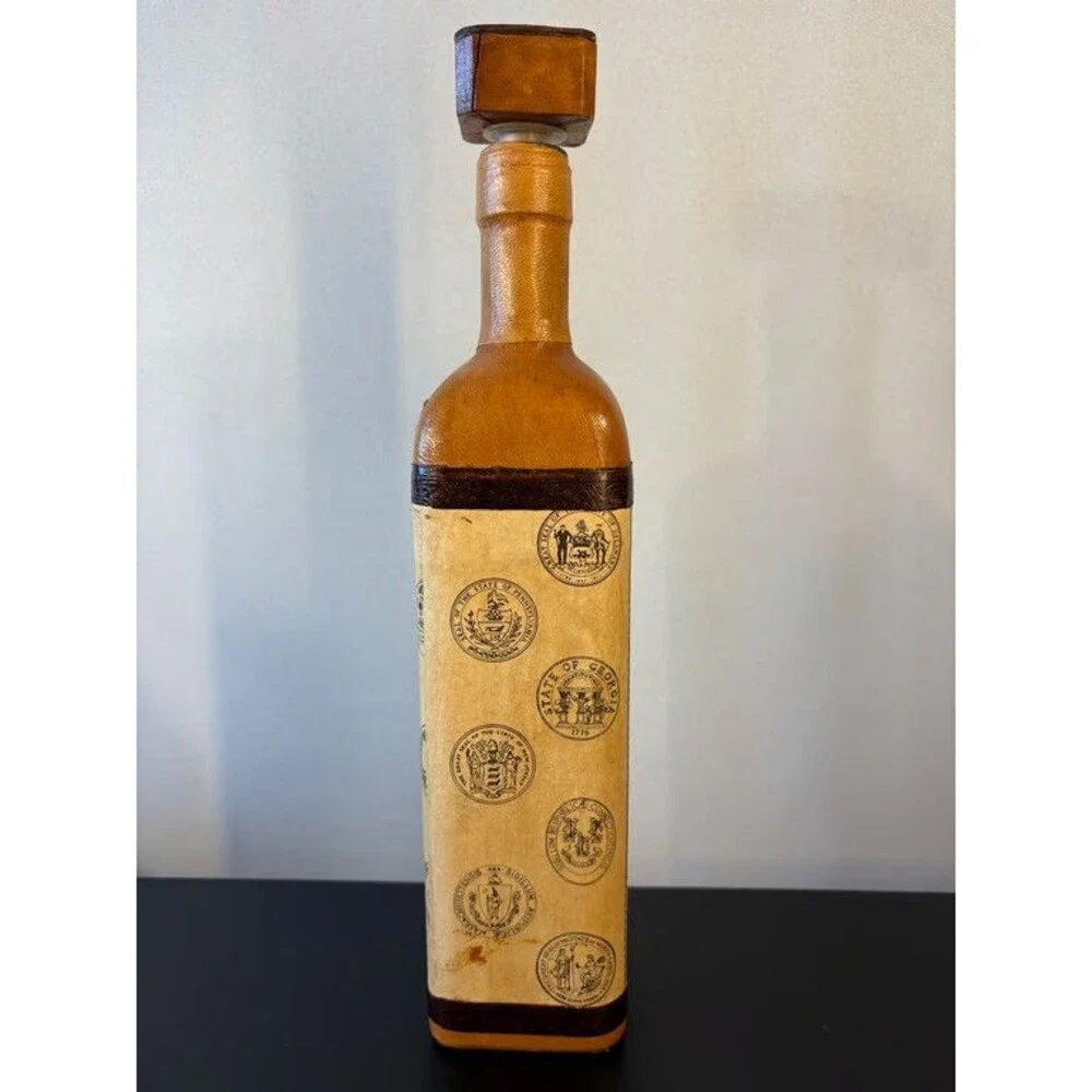 Italian Leather Decanter Tall Slim Map Panel Wax Seal Design Bottle